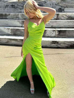 Lime Green Satin Mermaid Prom Dress With Spaghetti Straps And Slit
