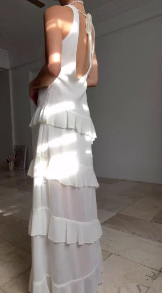Abito da sera lungo bianco semplice con scollo a V in chiffon e balze, senza schienale Y8500