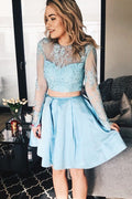 Sky Blue Long Sleeve See Through Two Piece Homecoming Dresses