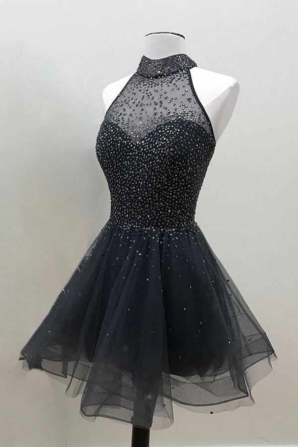 Vestido de fiesta de organza con cuello alto y cuentas negras, corte A, MH431