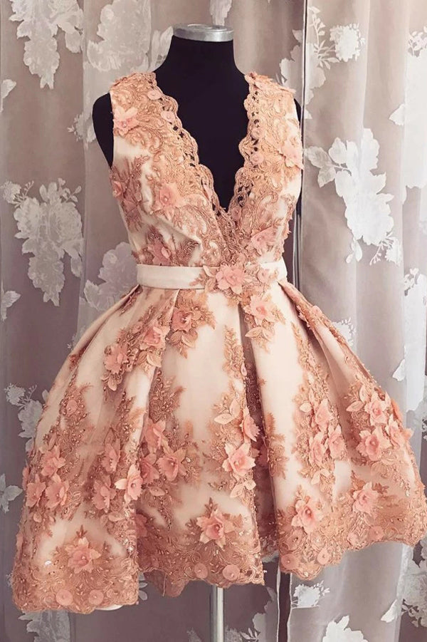 Tüll A-Linie V-Ausschnitt Homecoming-Kleid Perlenrosa Kurzes Ballkleid