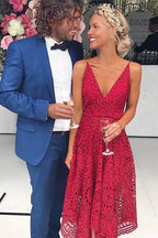 Simple A-Line Red Deep V-Neck Spaghetti Straps Lace Bridesmaid Dresses