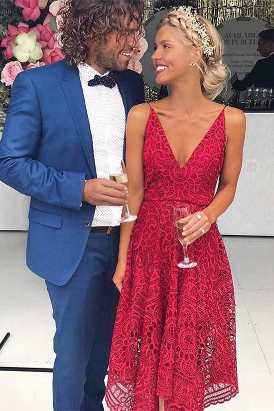 Simple A-Line Red Deep V-Neck Spaghetti Straps Lace Bridesmaid Dresses