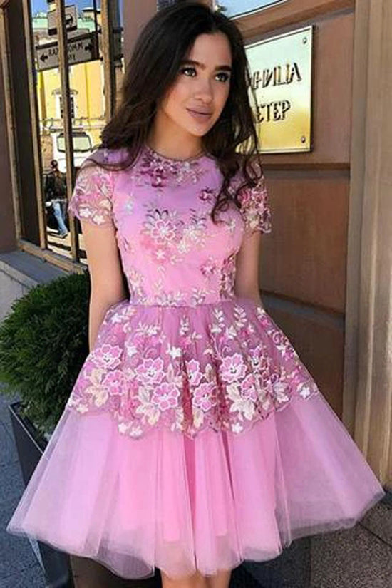Cute Blue Floral Prints Tulle Short Sleeves A-Line Homecoming Dresses