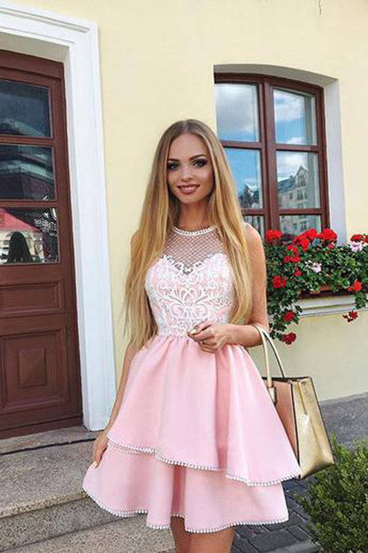 Lace Pink Beads Ruffled Homecoming Dresses Short Formal Gown