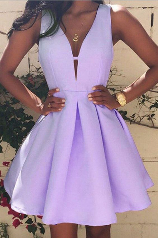 Simple Light Purple A-line V-neck Satin Homecoming Dresses for Girls