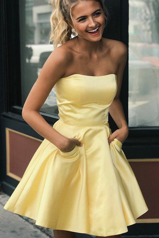 Satin Light Yellow Homecoming Gown with Pockets for Girls