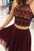 Burgundy Two Pieces A-Line Spaghetti Straps Sleeveless Homecoming Dresses