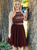 Burgundy Two Pieces A-Line Spaghetti Straps Sleeveless Homecoming Dresses