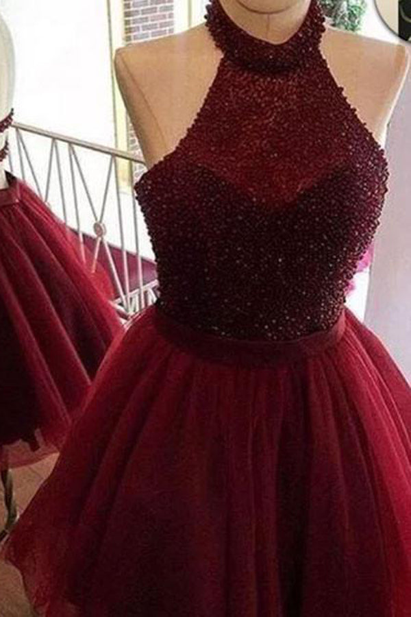 A-line Halter Burgundy Short Homecoming Dress Cooktail Dress