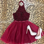 A-line Halter Burgundy Short Homecoming Dress Cooktail Dress