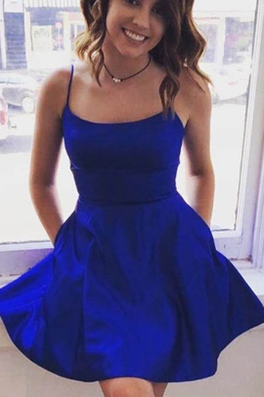 Vestidos de fiesta cortos de satén azul rey sencillos, vestido de regreso a casa con bolsillos