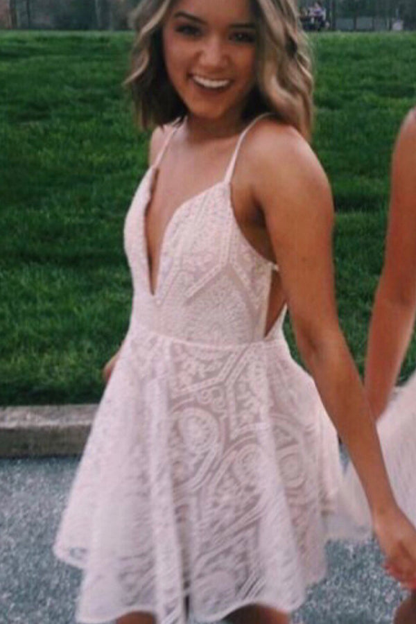 Vestido barato curto de festa de formatura e receção com alças finas em linha A