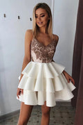 Beaded Spaghetti Straps Cute Girls Cocktail Party Gowns Satin Lace Homecoming Dresses