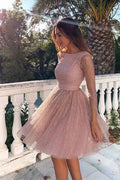 3/4 Sleeves Short Prom Dress Pink Homecoming Dress with Open Back