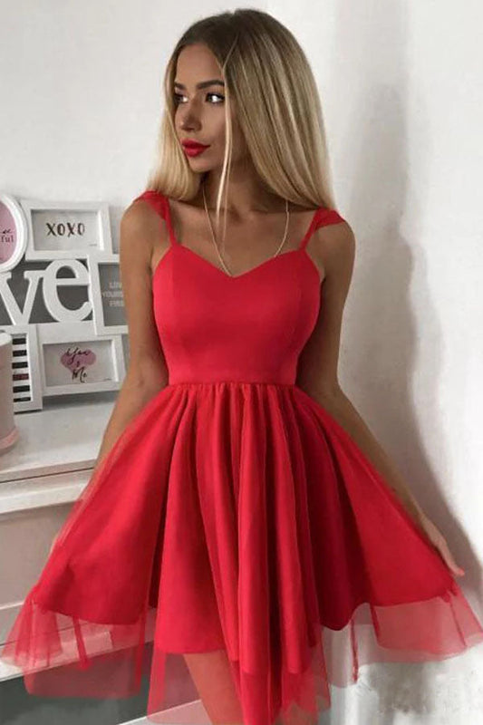 Rotes kurzes Ballkleid mit Spaghettiträgern, Mini-Heimkehrkleid