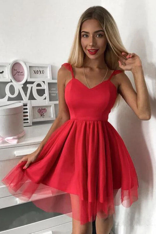 Robe courte rouge de bal à fines bretelles spaghetti, robe mini pour retour à la maison