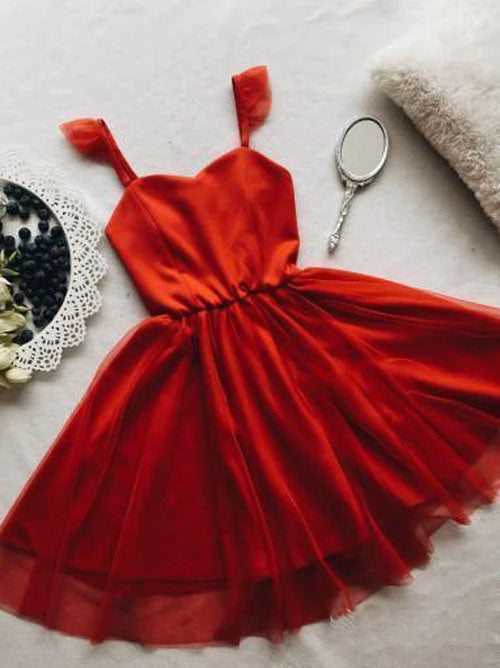 Robe courte rouge de bal à fines bretelles spaghetti, robe mini pour retour à la maison