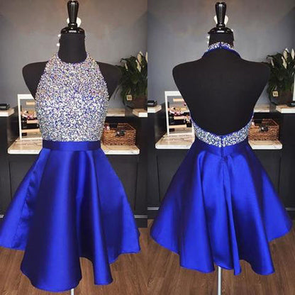 Königsblau Satin Rückenfrei Juwel Neckholder Pailletten Kristall Homecoming Kleider