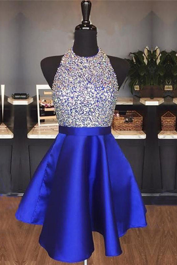 Abito da cerimonia blu reale in raso, senza schiena, con gioielli, collo ad anello, paillettes e cristalli