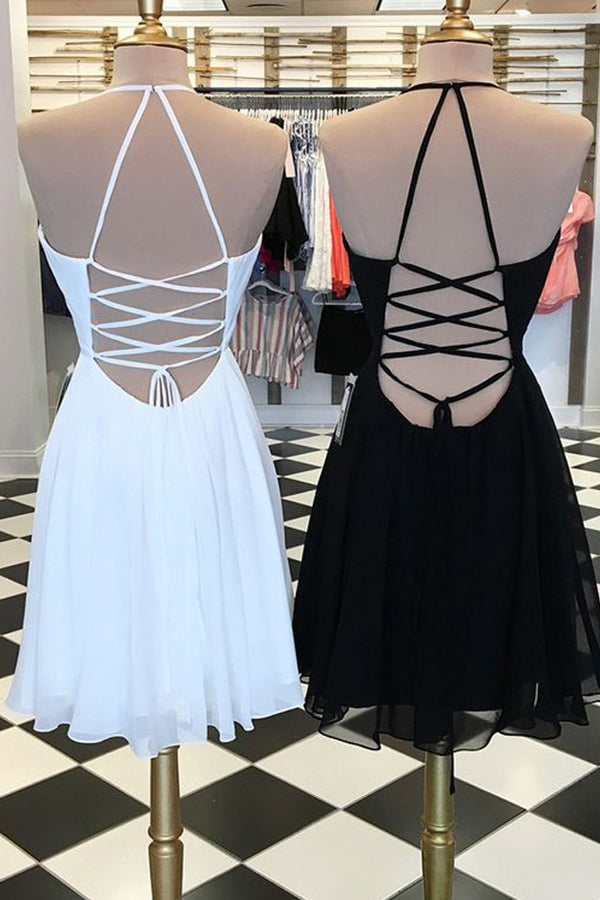 Simple A-Line V-Neck Criss Cross Back Chiffon Homecoming Dresses with Embroidery