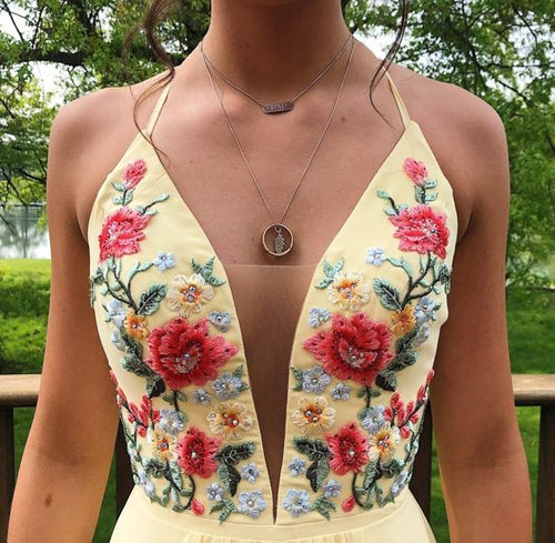 Simple A-Line V-Neck Criss Cross Back Chiffon Homecoming Dresses with Embroidery