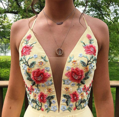 Simple A-Line V-Neck Criss Cross Back Chiffon Homecoming Dresses with Embroidery