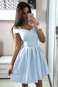 A-Line Off Shoulder Short Light Blue Graduation Homecoming Dresses