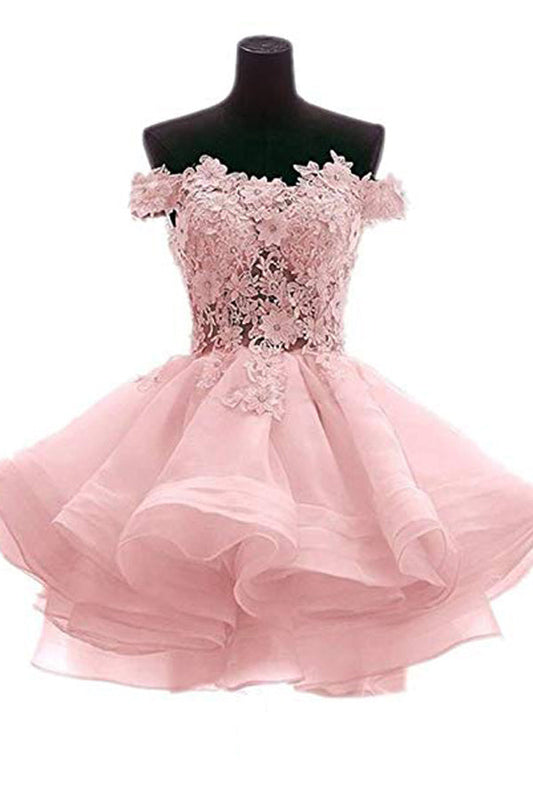 Off The Shoulder Pink Lace Short Prom Dresses Sweetheart Homecoming Dresses