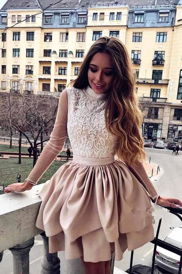A-Line High Neck Long Sleeve Open Back Satin Homecoming Dresses with Lace