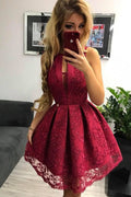 Neckholder-Juwelen-Schlüsselloch-Spitzen-Partykleid Burgunderrotes Heimkehrkleid
