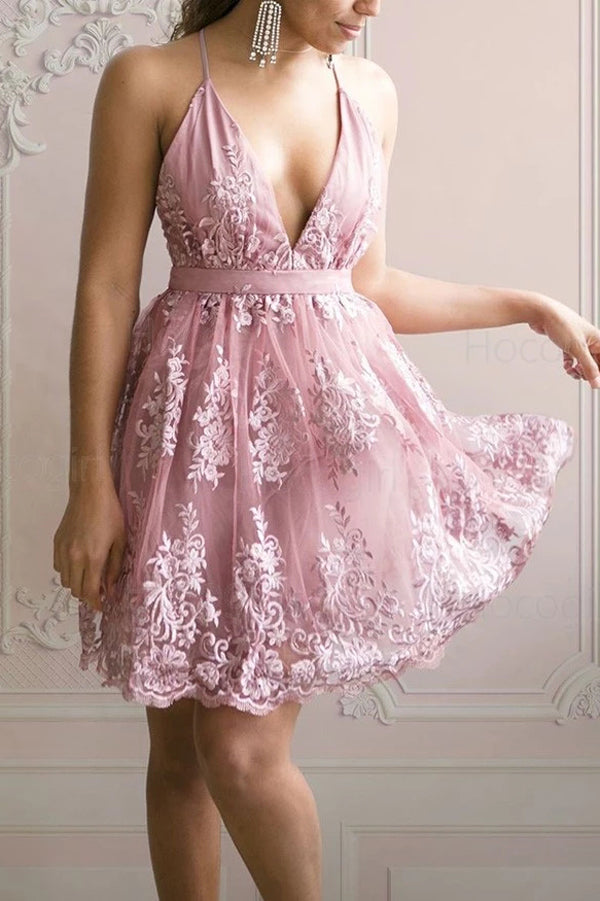 Simple Tulle A Line Lace Appliqued V-neck Short Homecoming Dress
