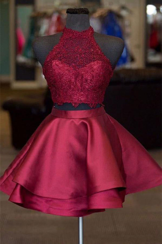 Burgunderrotes zweiteiliges A-Linien-Abendkleid aus Satin mit kurzem Schnitt