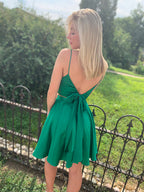 Spaghetti Strap Satin Two Pieces V-neck Short Homecoming Dresses