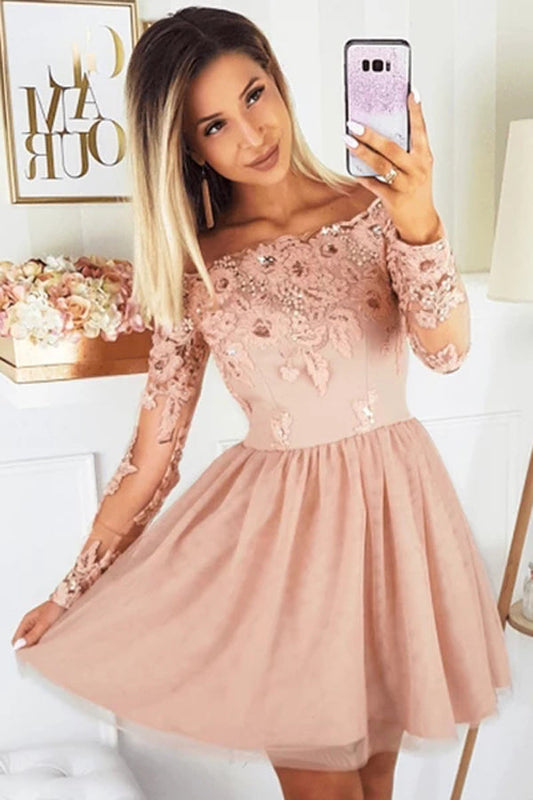 Vestidos de fiesta de tul con corte A y encaje, manga larga y hombros descubiertos