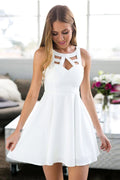 A-Line Jewel Short White Satin Sleeveless Homecoming Dress with Lace