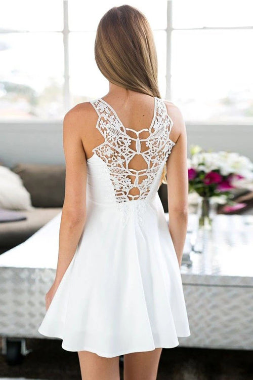 A-Line Jewel Short White Satin Sleeveless Homecoming Dress with Lace