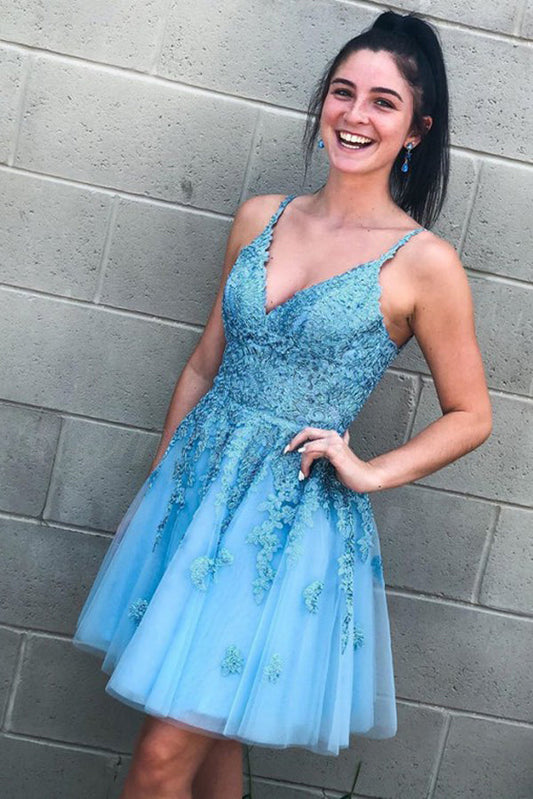 Spaghettiträger Spitzentüll Hellblaues Homecoming-Kleid mit offenem Rücken Hoco-Kleid