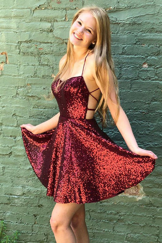 Cheap Dark Red Sequin Short Homecoming Dresses Short Prom Dresses
