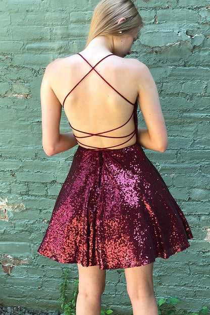 Cheap Dark Red Sequin Short Homecoming Dresses Short Prom Dresses