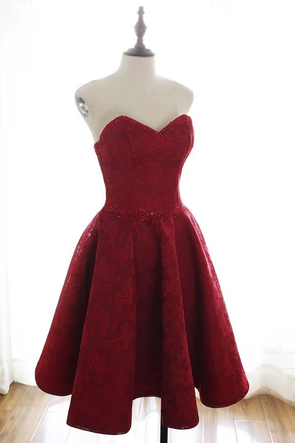 Abito corto da ballo con pizzo color bordeaux a forma di cuore Abito per serata di ritorno a casa