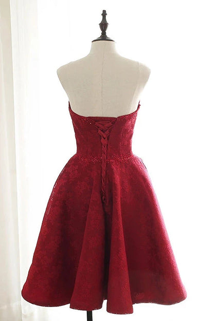 Burgundy Sweetheart Lace Short Prom Dresses Homecoming Dresses