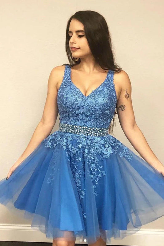 A-line V-neck Blue Short Prom Dress Homecoming Dress With Appliques