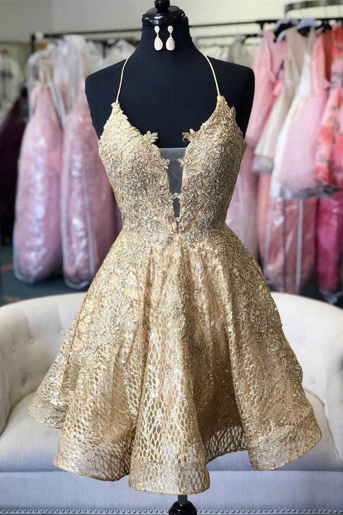 Vestido Curto de Renda em Linha A para Baile de Finalistas com Costas Cruzadas