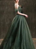 Abito lungo da sera semplice in tulle verde, abito da sera in tulle verde Y1554