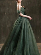Abito lungo da sera semplice in tulle verde, abito da sera in tulle verde Y1554