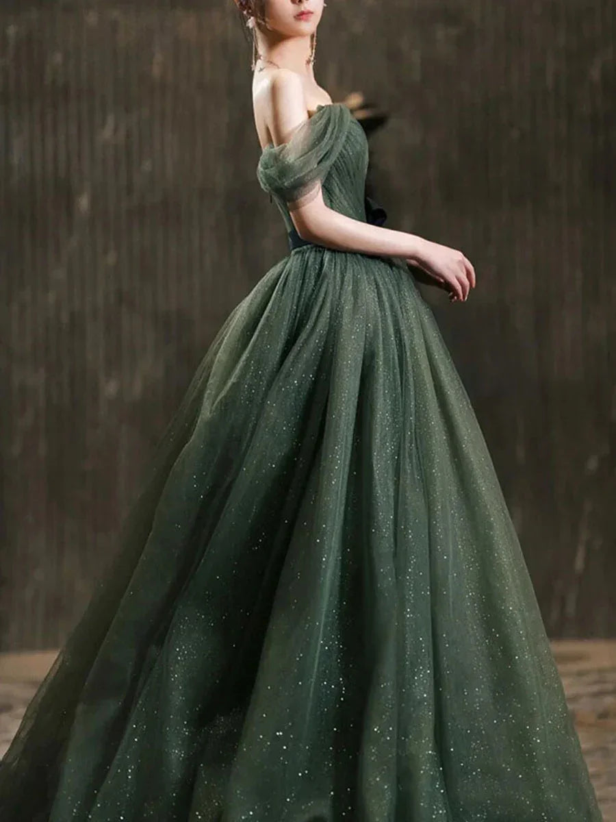 Abito lungo da sera semplice in tulle verde, abito da sera in tulle verde Y1554