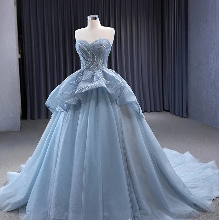 Robe princesse en tulle bleu glamour à décolleté en cœur, robe de bal bleue, robe de fée bleue Y6472