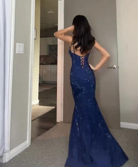 Robe de bal sirène à paillettes bleues scintillantes, bretelles, fente, robe de soirée Y7825