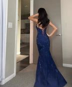 Robe de bal sirène à paillettes bleues scintillantes, bretelles, fente, robe de soirée Y7825